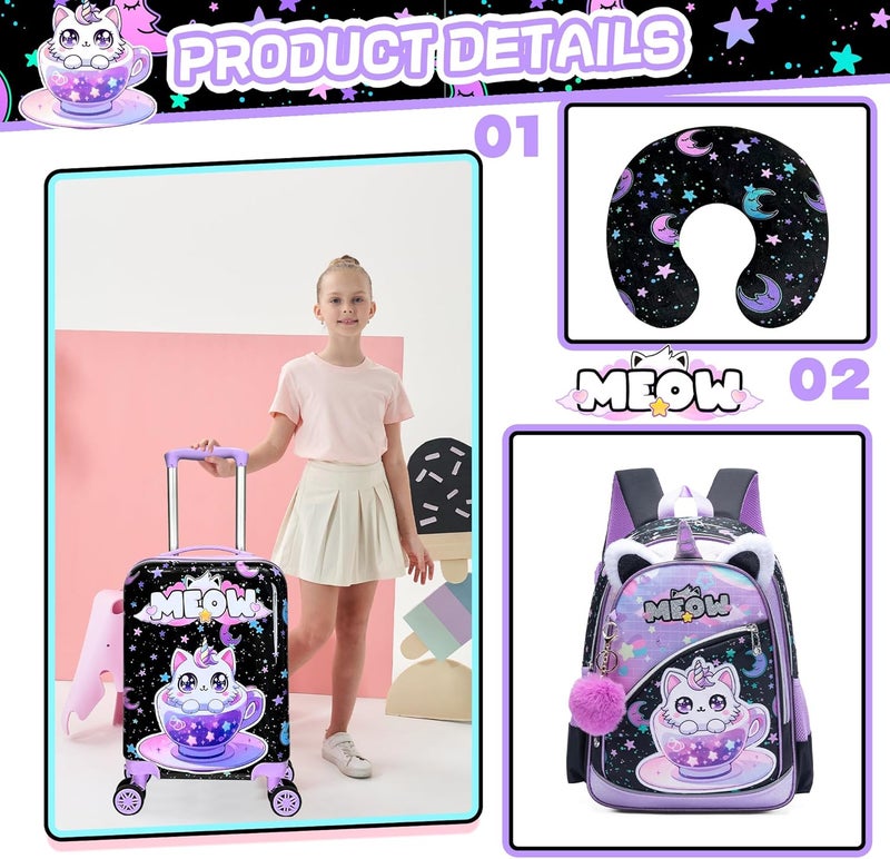 Inprof Kid's Luggage Set 5 Piece Suitcase Set 16' Hardside Spinner Wheels Girls Carry On Toddler Travel Rolling Airline Approved - Image 3